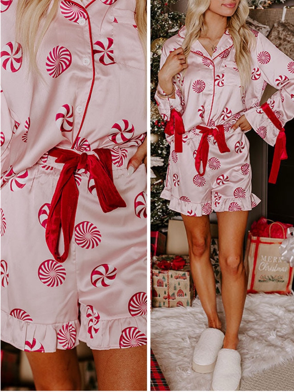 Fantastic Fawn NWT Pink & Red Peppermint Print Satin PJ Set Velvet Red Trim SM